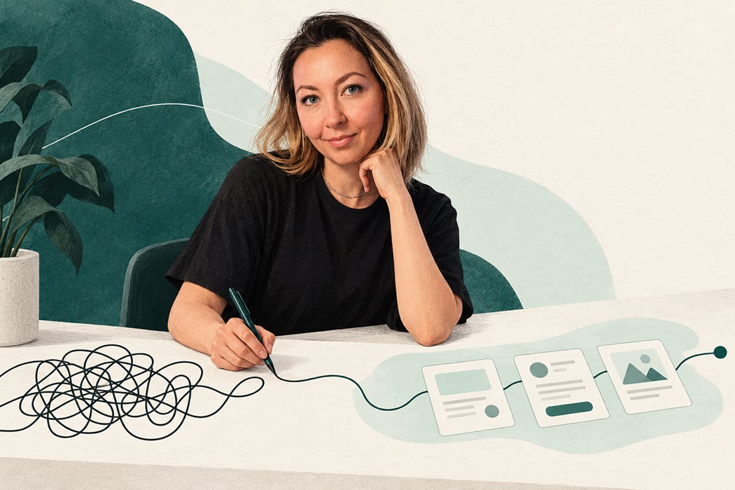 Iryna Lototskyy at her desk, turning a tangled line into tidy interface cards