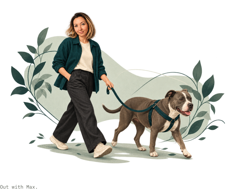 Iryna Lototskyy walking her dog Max, surrounded by leafy plants — illustration