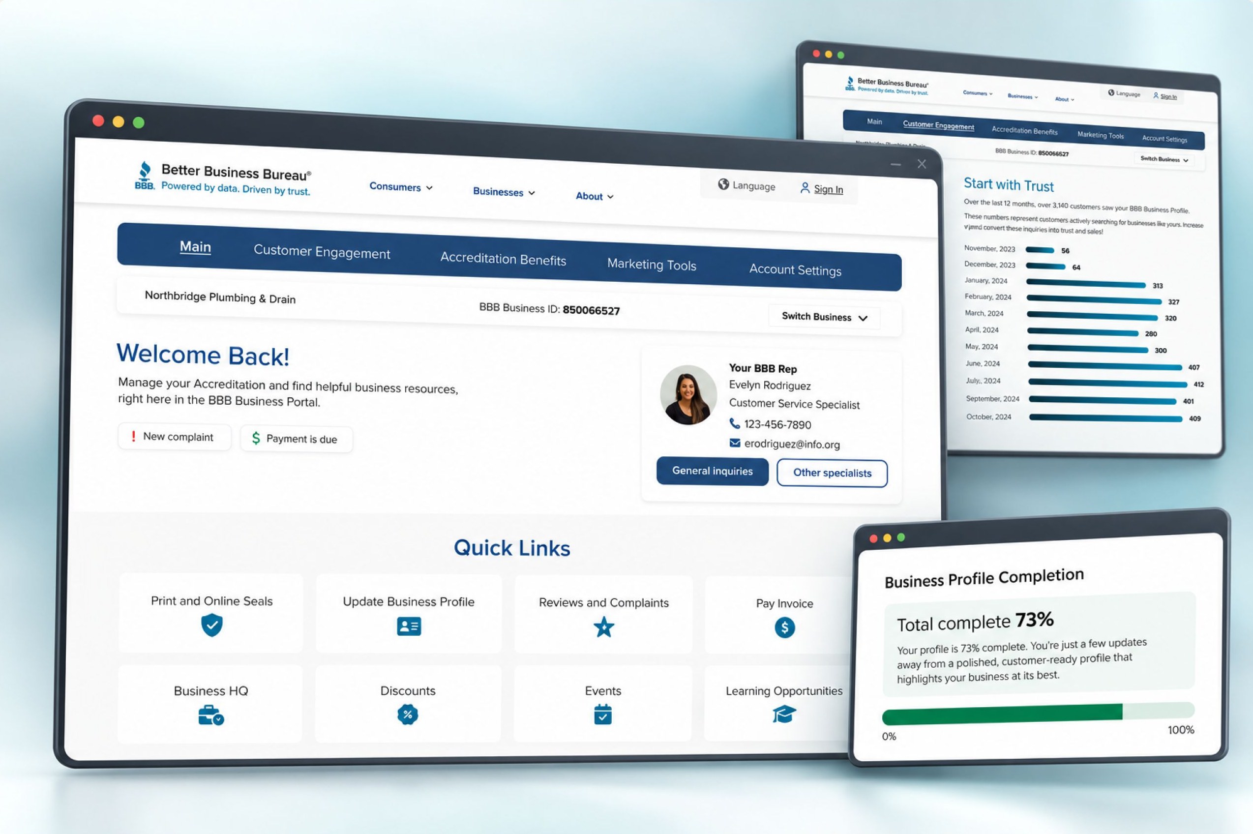 BBB Business Portal dashboard with business switcher, trust statistics and profile completion