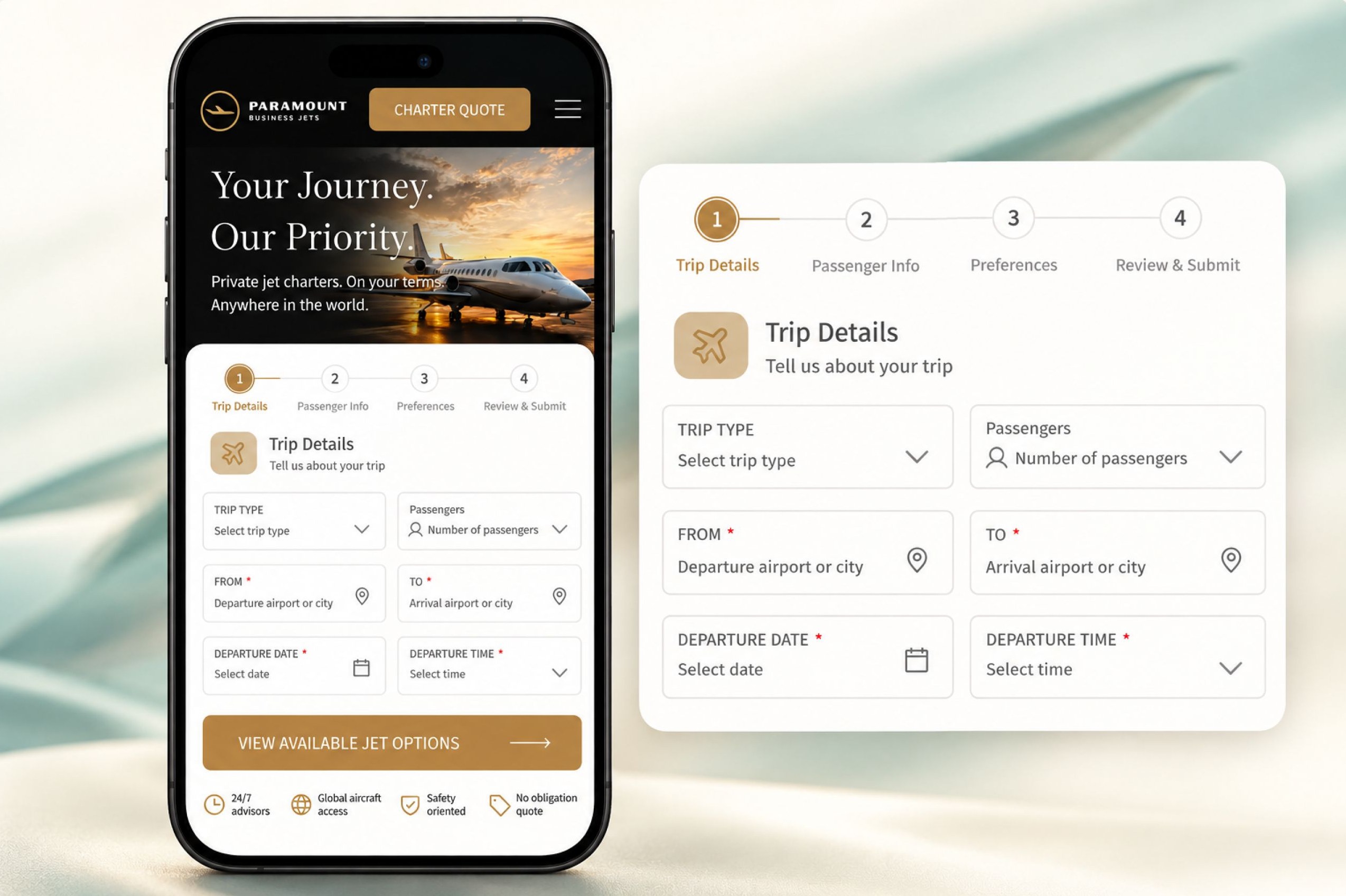 Private jet charter request form on desktop and mobile